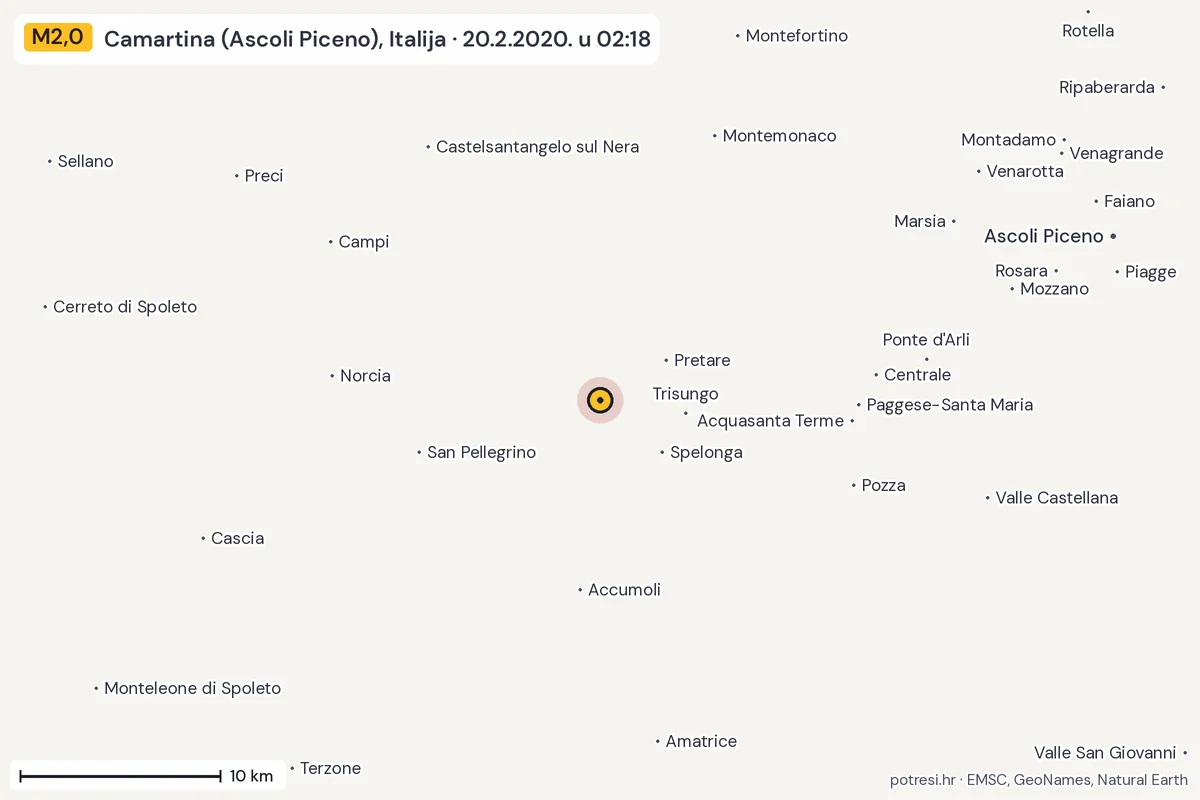 Karta: okolica epicentra, 60 km, potres M2,0, Camartina (Ascoli Piceno), Italija, 20.2.2020.