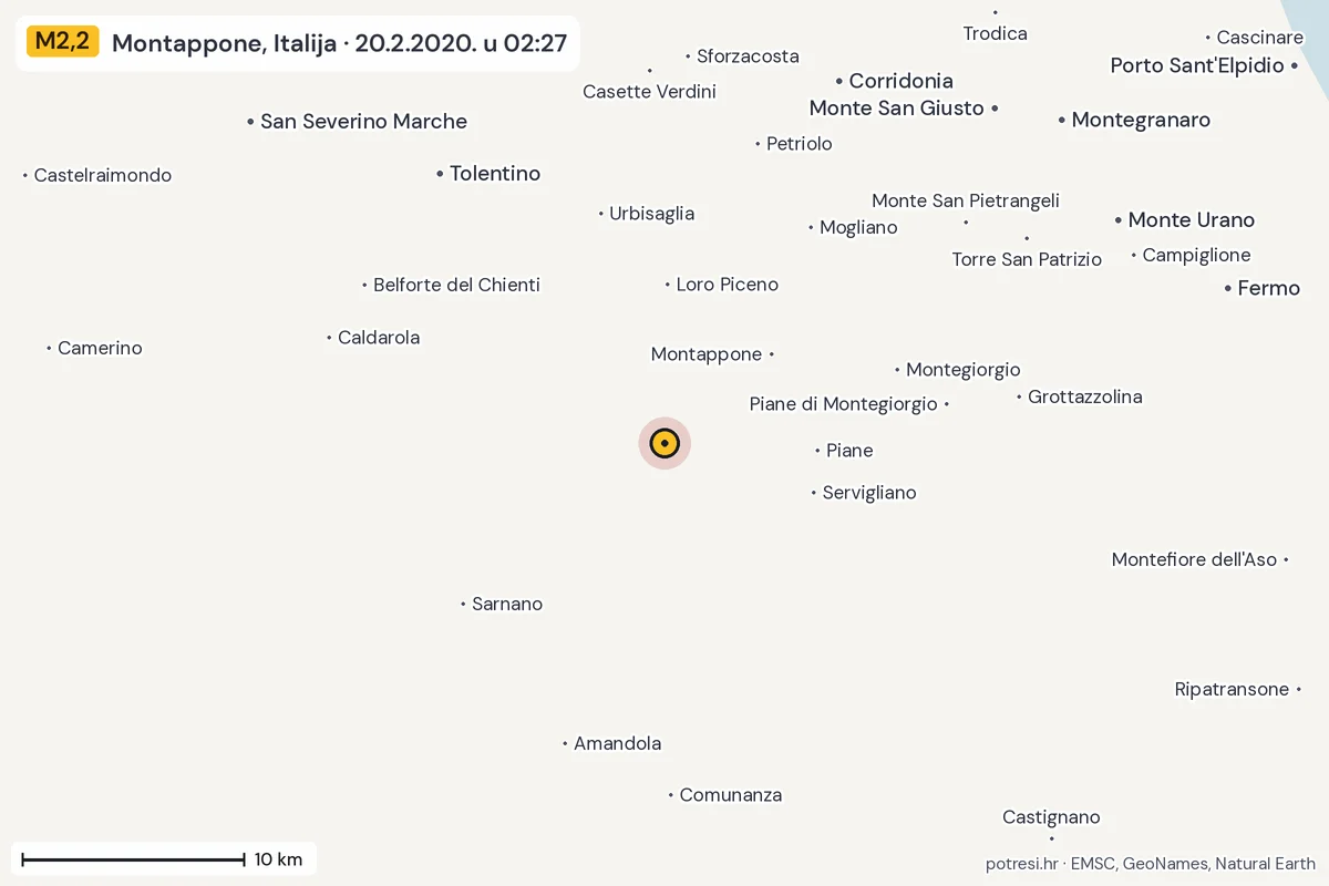 Karta: okolica epicentra, 60 km, potres M2,2, Montappone, Italija, 20.2.2020.