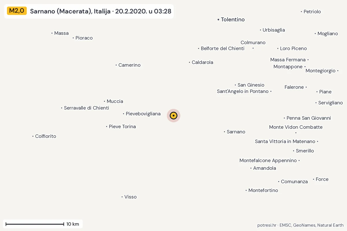 Karta: okolica epicentra, 60 km, potres M2,0, Sarnano (Macerata), Italija, 20.2.2020.