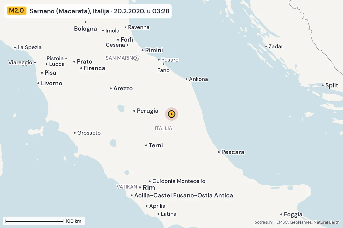 Karta: šire područje, 600 km, potres M2,0, Sarnano (Macerata), Italija, 20.2.2020.