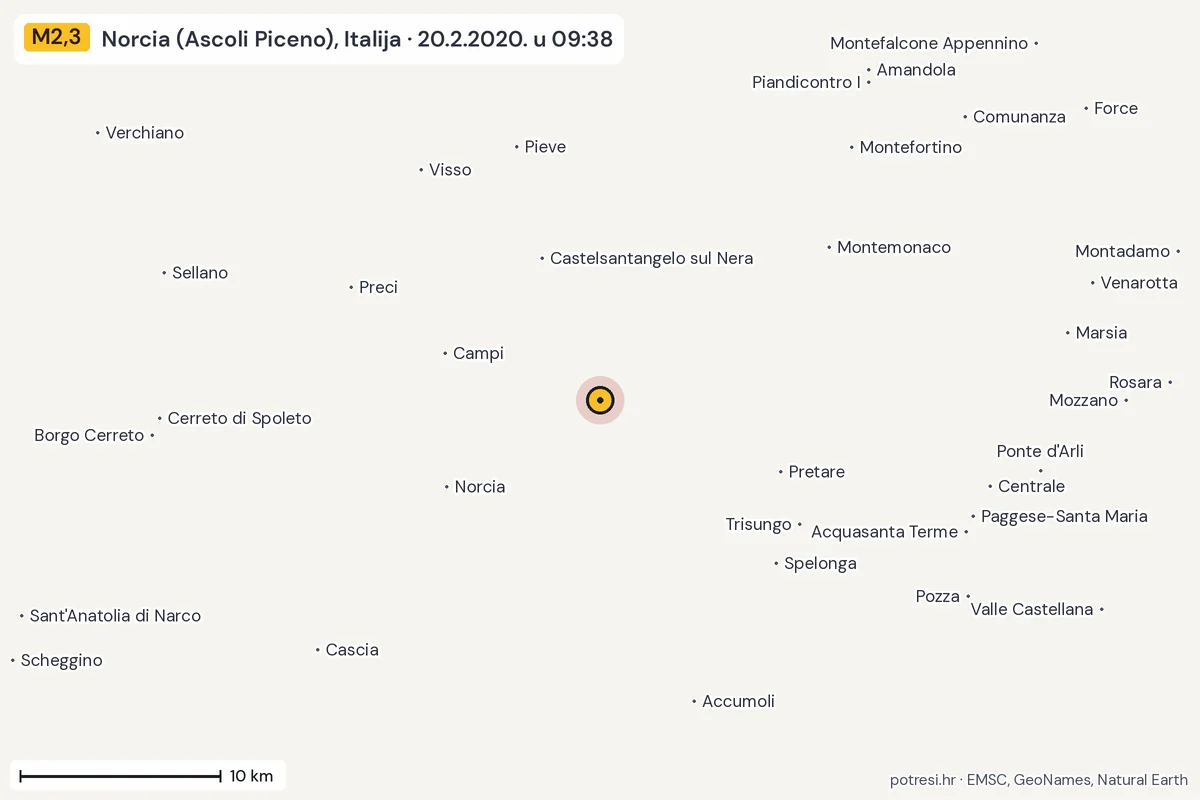 Karta: okolica epicentra, 60 km, potres M2,3, Norcia (Ascoli Piceno), Italija, 20.2.2020.