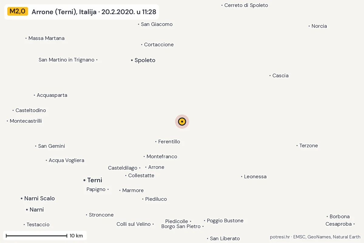 Karta: okolica epicentra, 60 km, potres M2,0, Arrone (Terni), Italija, 20.2.2020.