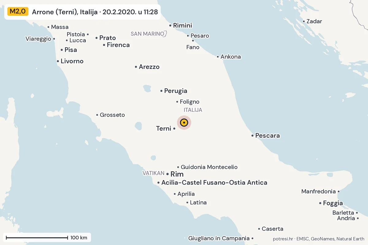 Karta: šire područje, 600 km, potres M2,0, Arrone (Terni), Italija, 20.2.2020.
