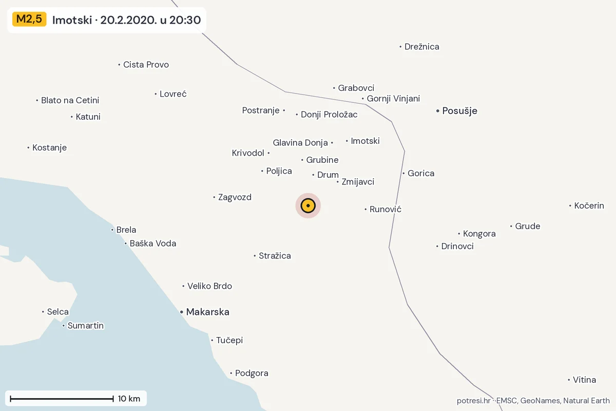 Karta: okolica epicentra, 60 km, potres M2,5, Imotski, 20.2.2020.