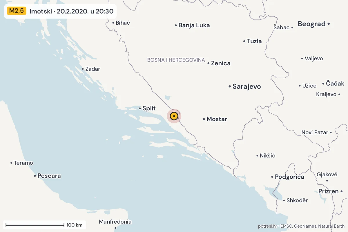 Karta: šire područje, 600 km, potres M2,5, Imotski, 20.2.2020.