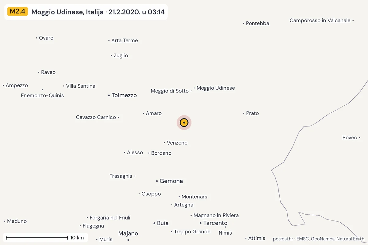 Karta: okolica epicentra, 60 km, potres M2,4, Moggio Udinese, Italija, 21.2.2020.