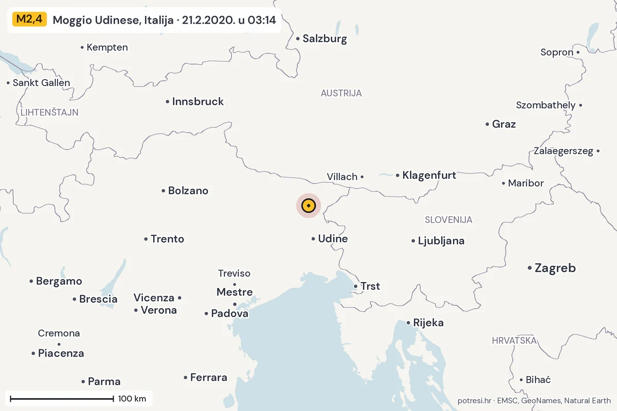 Karta: šire područje, 600 km, potres M2,4, Moggio Udinese, Italija, 21.2.2020.