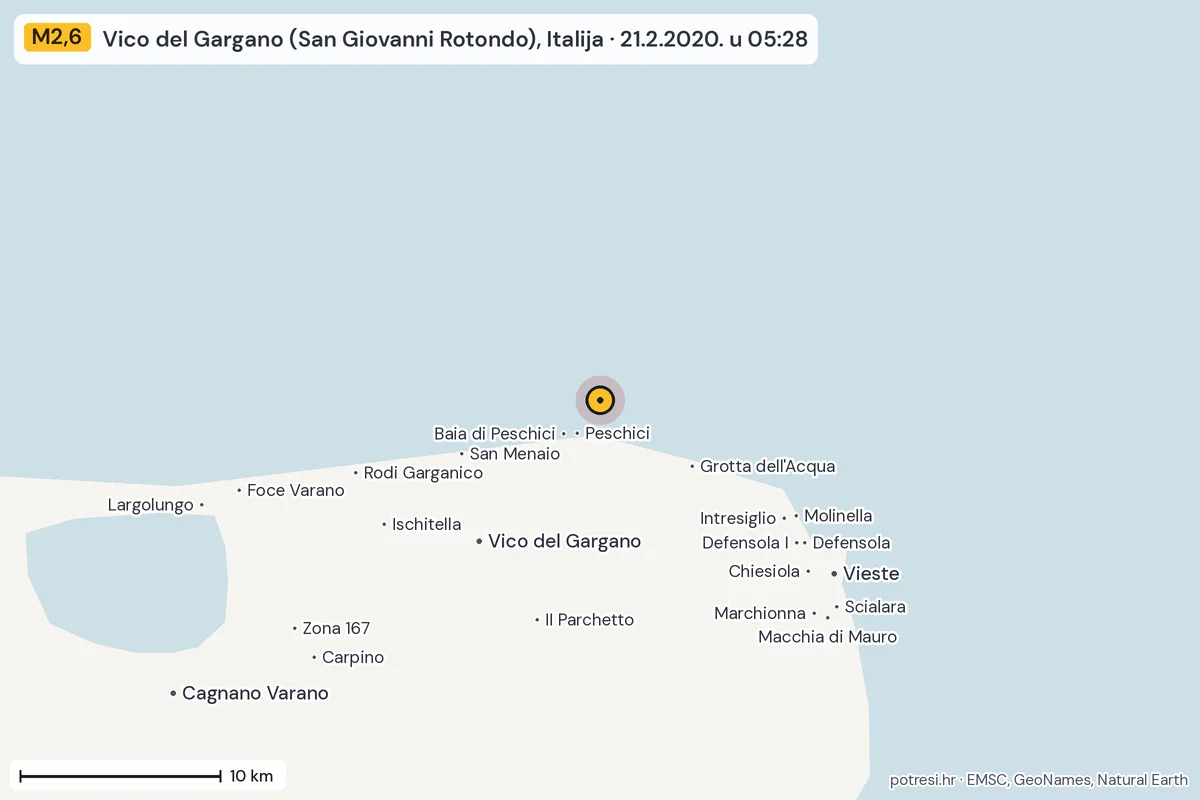 Karta: okolica epicentra, 60 km, potres M2,6, Vico del Gargano (San Giovanni Rotondo), Italija, 21.2.2020.