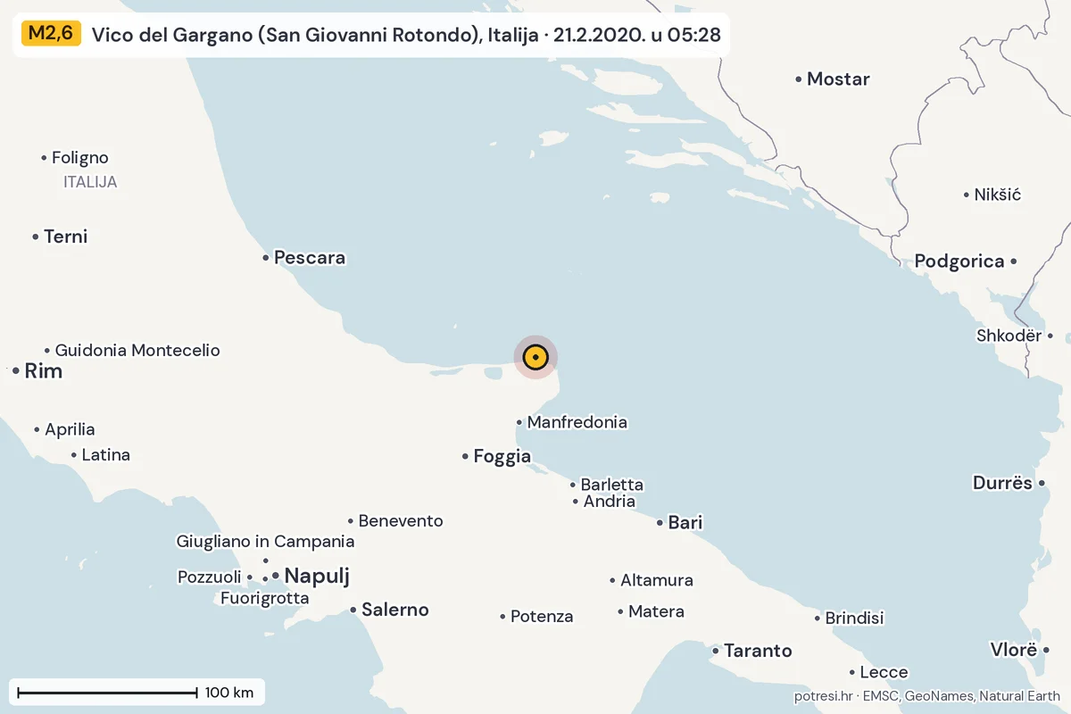 Karta: šire područje, 600 km, potres M2,6, Vico del Gargano (San Giovanni Rotondo), Italija, 21.2.2020.