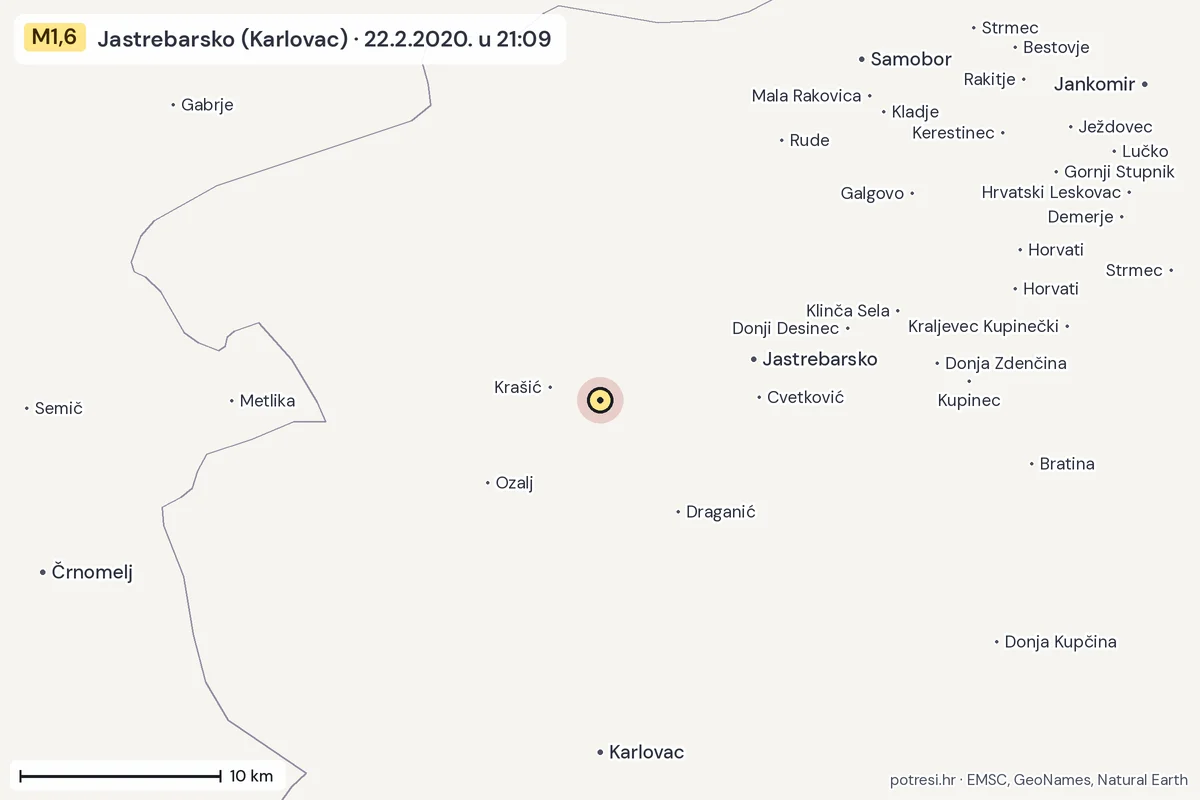 Karta: okolica epicentra, 60 km, potres M1,6, Jastrebarsko (Karlovac), 22.2.2020.