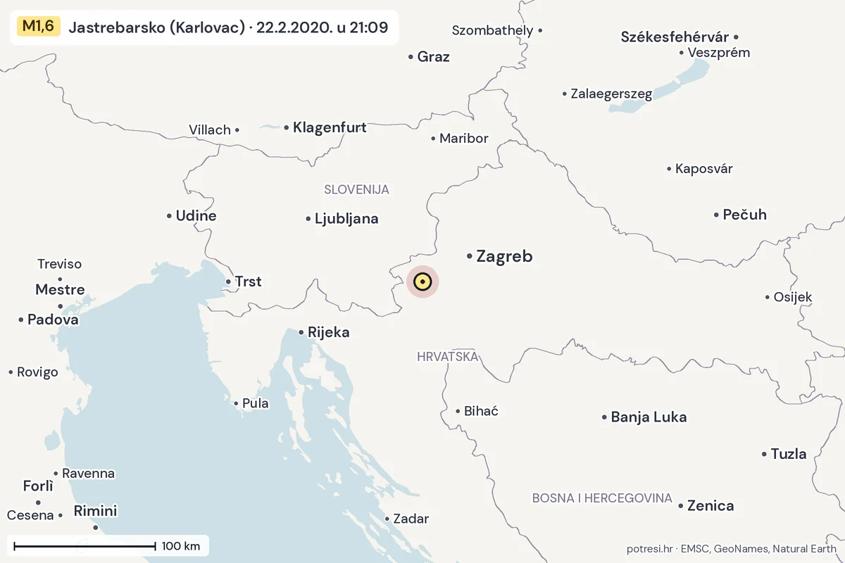 Karta: šire područje, 600 km, potres M1,6, Jastrebarsko (Karlovac), 22.2.2020.
