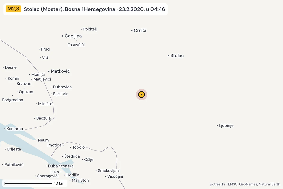 Karta: okolica epicentra, 60 km, potres M2,3, Stolac (Mostar), Bosna i Hercegovina, 23.2.2020.