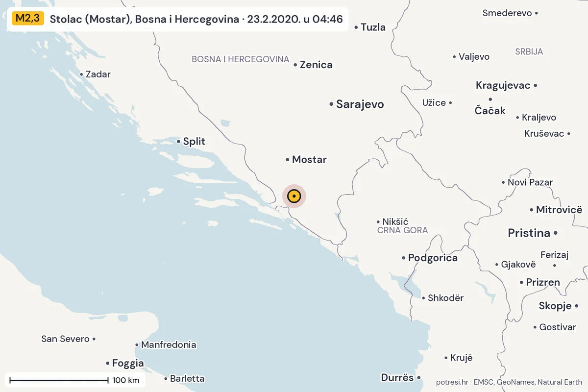 Karta: šire područje, 600 km, potres M2,3, Stolac (Mostar), Bosna i Hercegovina, 23.2.2020.