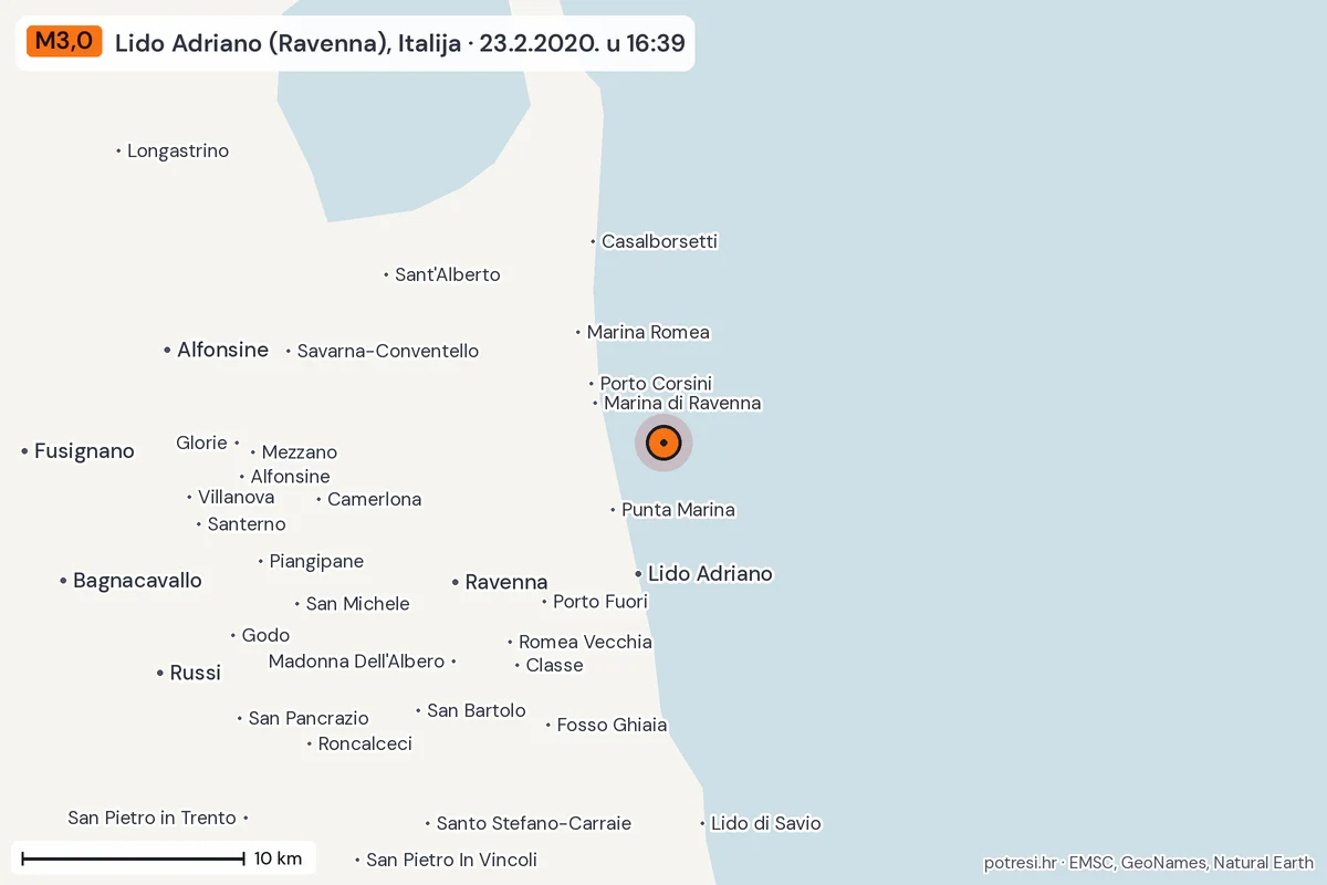 Karta: okolica epicentra, 60 km, potres M3,0, Lido Adriano (Ravenna), Italija, 23.2.2020.