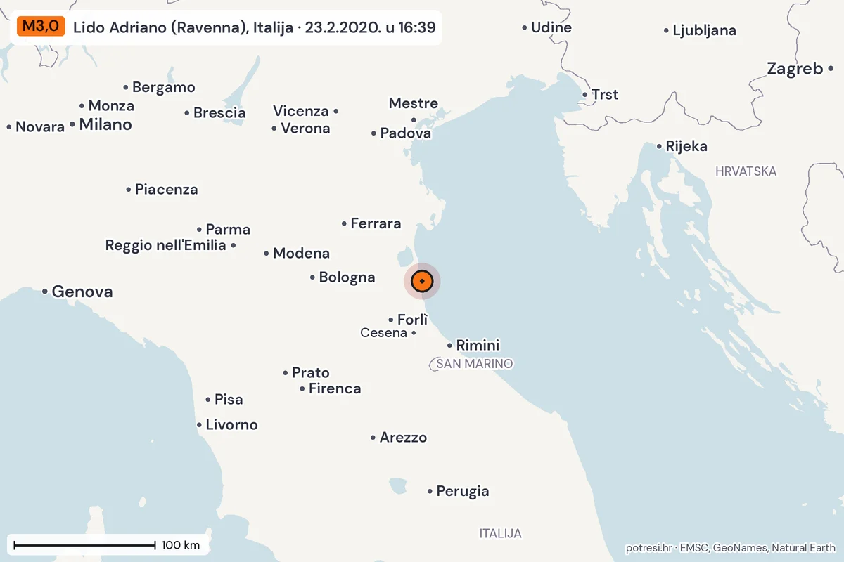 Karta: šire područje, 600 km, potres M3,0, Lido Adriano (Ravenna), Italija, 23.2.2020.