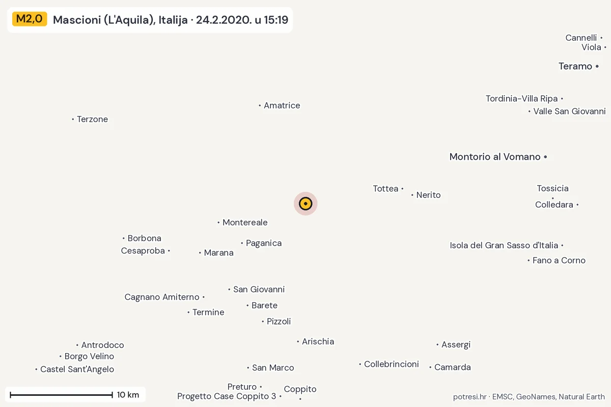 Karta: okolica epicentra, 60 km, potres M2,0, Mascioni (L'Aquila), Italija, 24.2.2020.