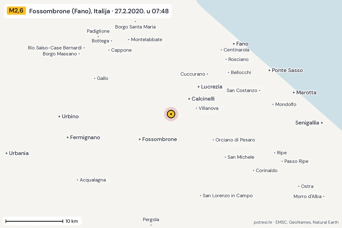 Karta: okolica epicentra, 60 km, potres M2,6, Fossombrone (Fano), Italija, 27.2.2020.