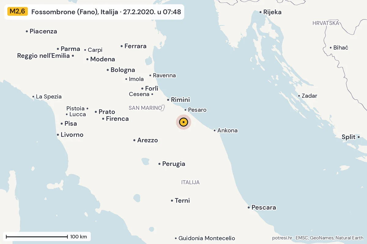 Karta: šire područje, 600 km, potres M2,6, Fossombrone (Fano), Italija, 27.2.2020.
