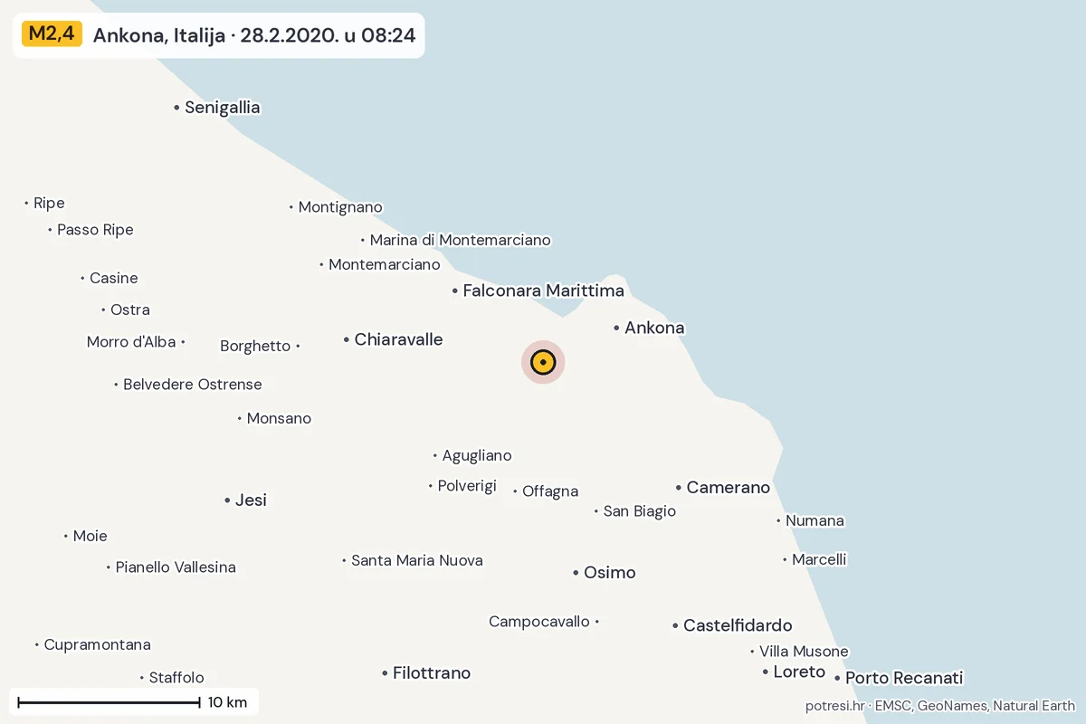 Karta: okolica epicentra, 60 km, potres M2,4, Ankona, Italija, 28.2.2020.