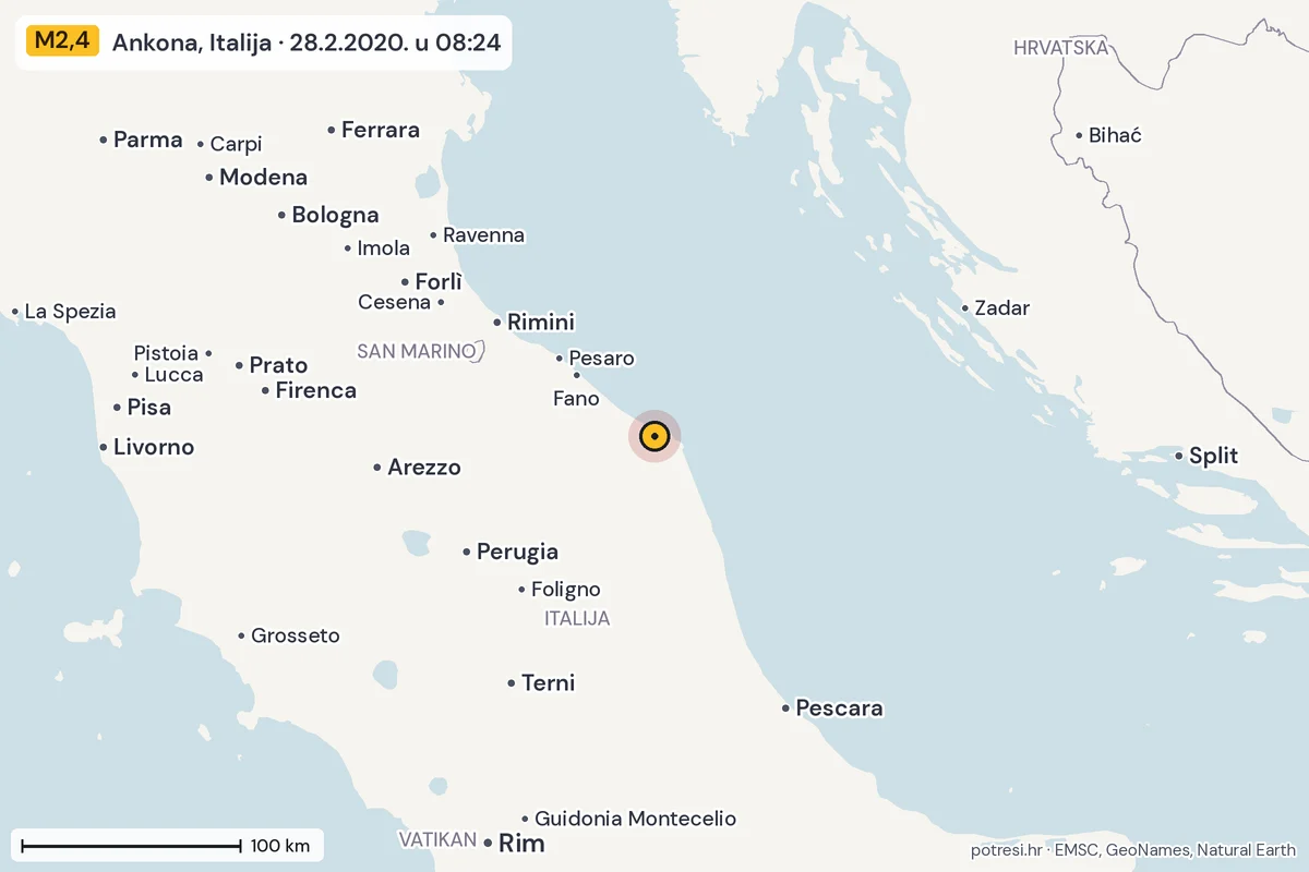Karta: šire područje, 600 km, potres M2,4, Ankona, Italija, 28.2.2020.