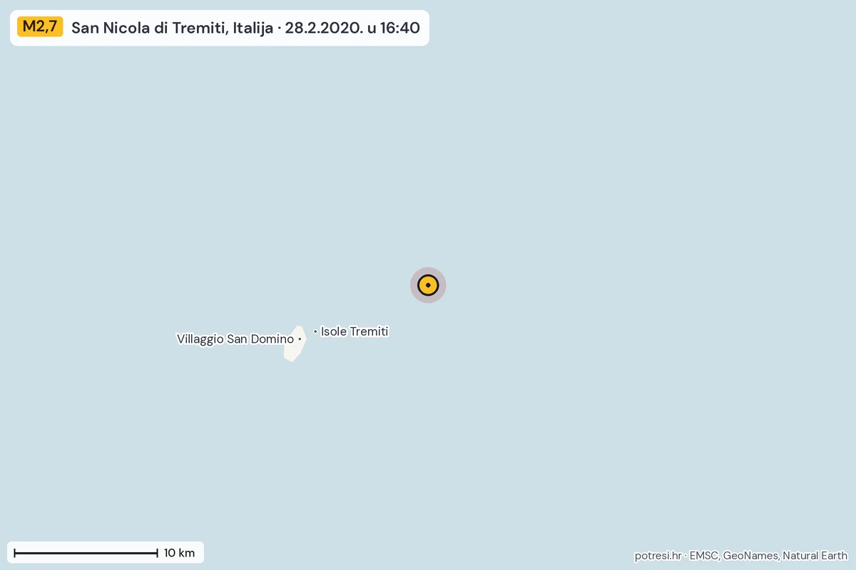 Karta: okolica epicentra, 60 km, potres M2,7, San Nicola di Tremiti, Italija, 28.2.2020.