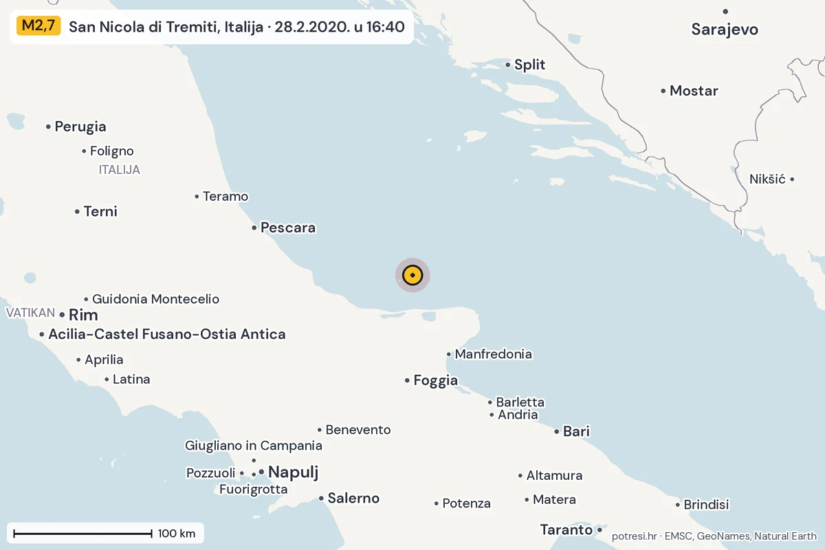 Karta: šire područje, 600 km, potres M2,7, San Nicola di Tremiti, Italija, 28.2.2020.