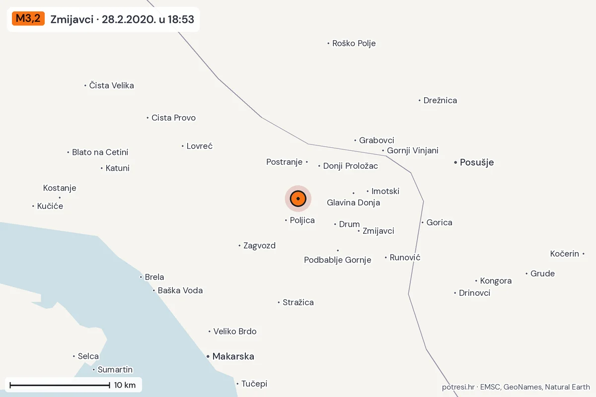 Karta: okolica epicentra, 60 km, potres M3,2, Zmijavci, 28.2.2020.
