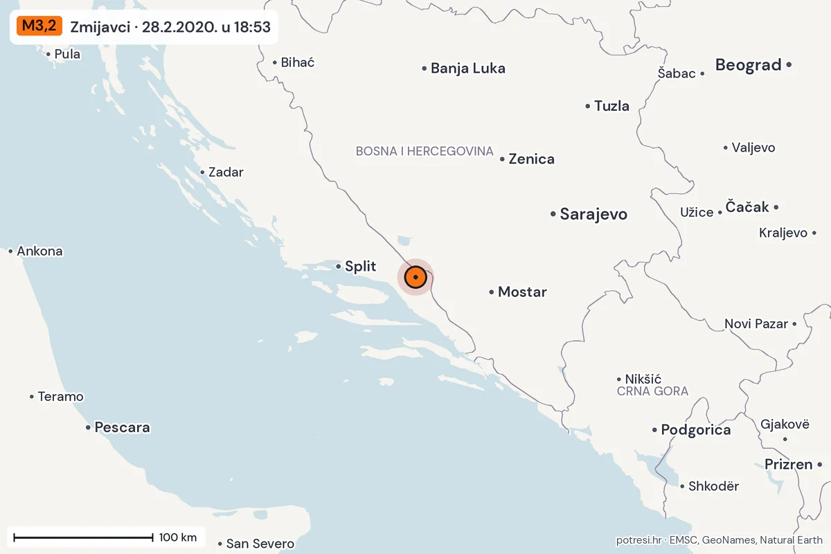 Karta: šire područje, 600 km, potres M3,2, Zmijavci, 28.2.2020.