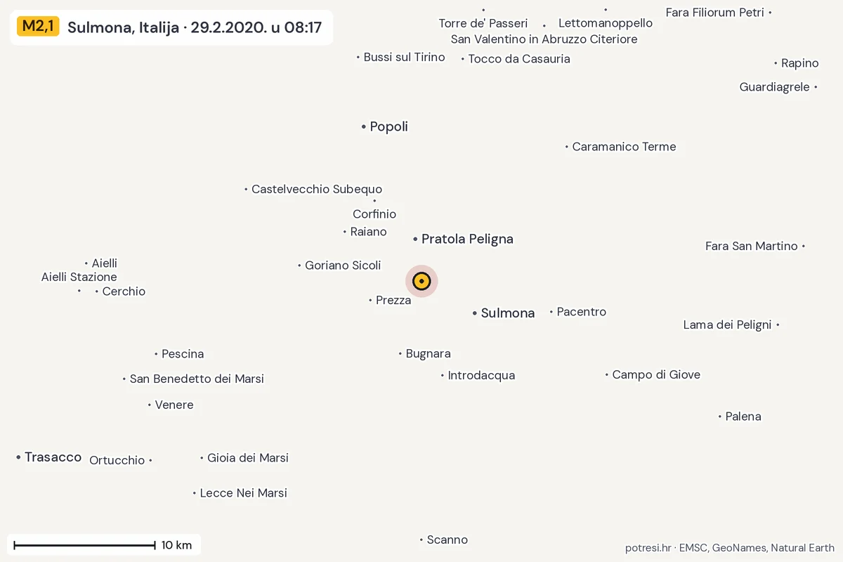 Karta: okolica epicentra, 60 km, potres M2,1, Sulmona, Italija, 29.2.2020.