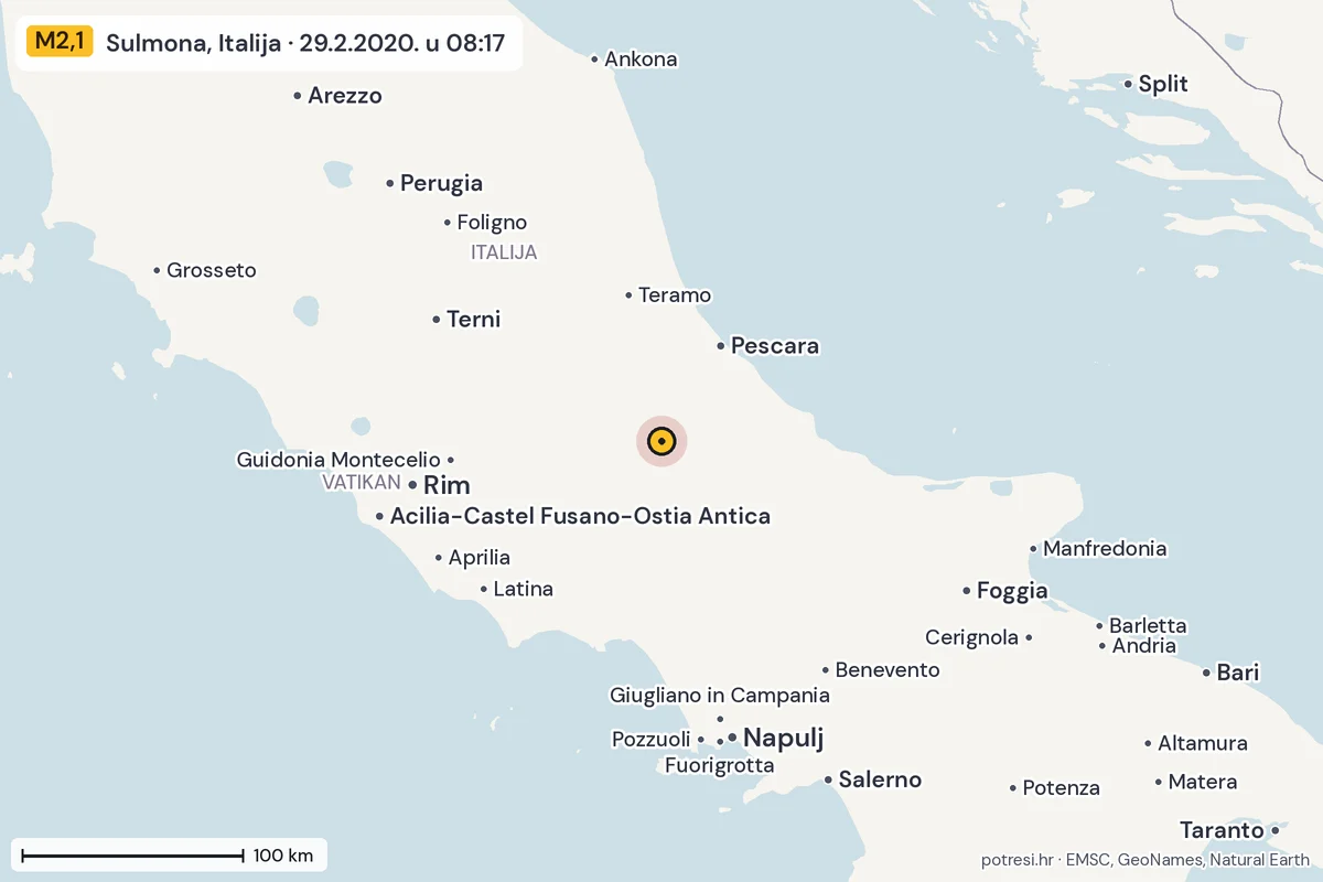 Karta: šire područje, 600 km, potres M2,1, Sulmona, Italija, 29.2.2020.