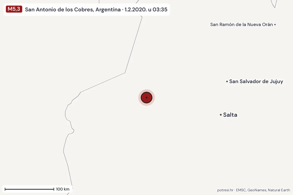 Karta: šire područje, 600 km, potres M5,3, San Antonio de los Cobres, Argentina, 1.2.2020.