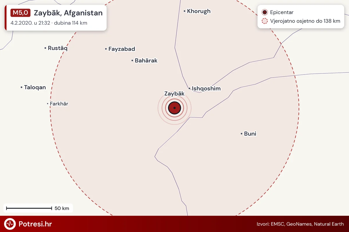 Karta: šire područje i vjerojatni doseg osjeta, potres M5,0, Zaybāk, Afganistan, 4.2.2020.