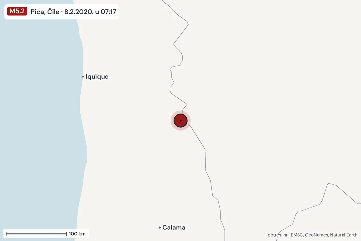 Karta: šire područje, 600 km, potres M5,2, Pica, Čile, 8.2.2020.