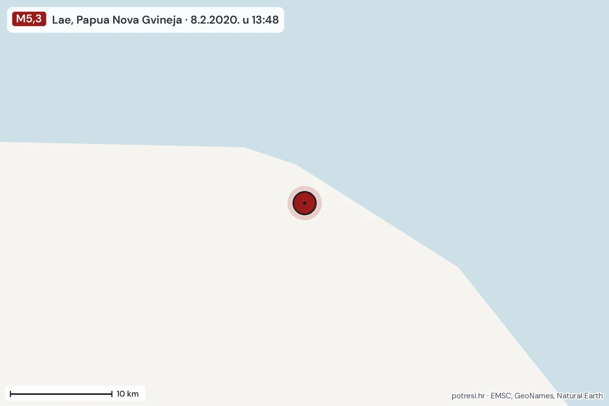 Karta: okolica epicentra, 60 km, potres M5,3, Lae, Papua Nova Gvineja, 8.2.2020.