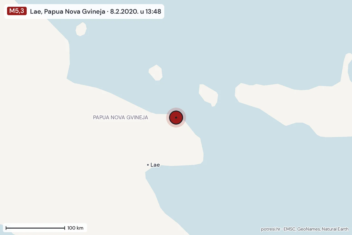 Karta: šire područje, 600 km, potres M5,3, Lae, Papua Nova Gvineja, 8.2.2020.