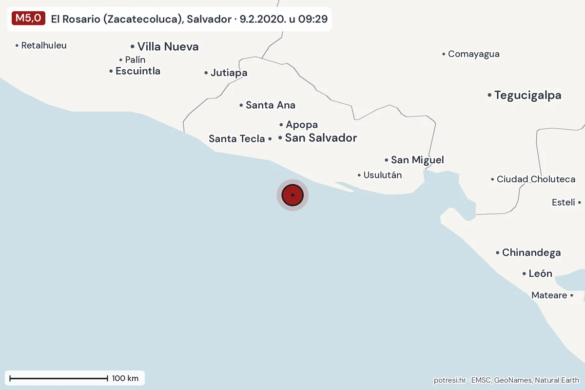 Karta: šire područje, 600 km, potres M5,0, El Rosario (Zacatecoluca), Salvador, 9.2.2020.