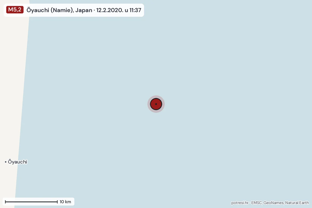 Karta: okolica epicentra, 60 km, potres M5,2, Ōyauchi (Namie), Japan, 12.2.2020.