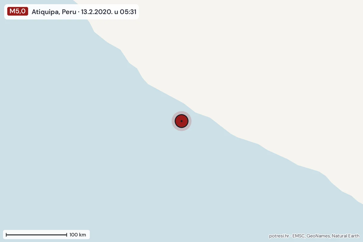 Karta: šire područje, 600 km, potres M5,0, Atiquipa, Peru, 13.2.2020.
