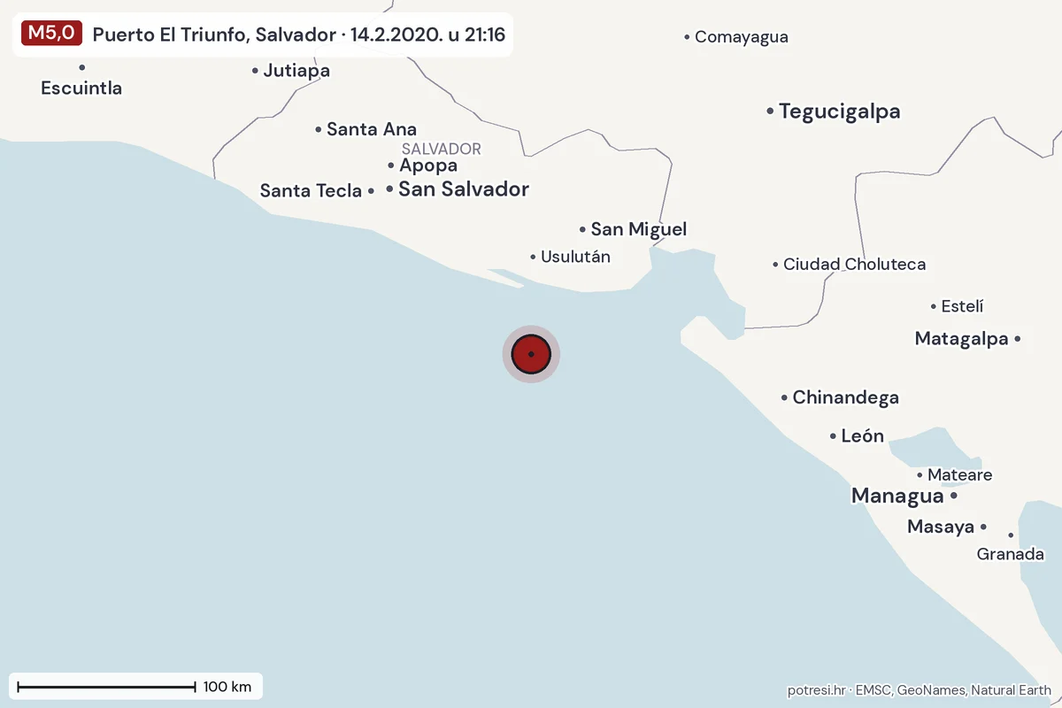 Karta: šire područje, 600 km, potres M5,0, Puerto El Triunfo, Salvador, 14.2.2020.
