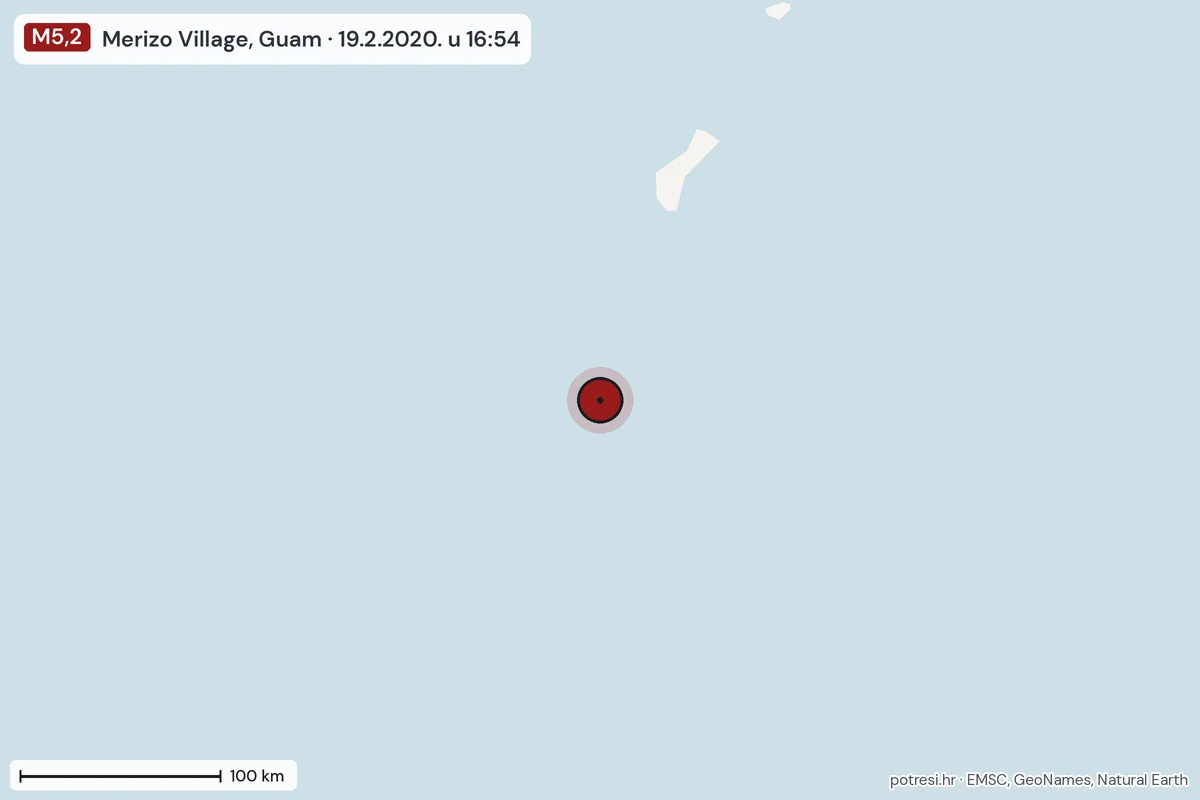 Karta: šire područje, 600 km, potres M5,2, Merizo Village, Guam, 19.2.2020.