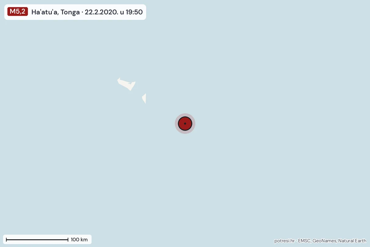 Karta: šire područje, 600 km, potres M5,2, Ha'atu'a, Tonga, 22.2.2020.