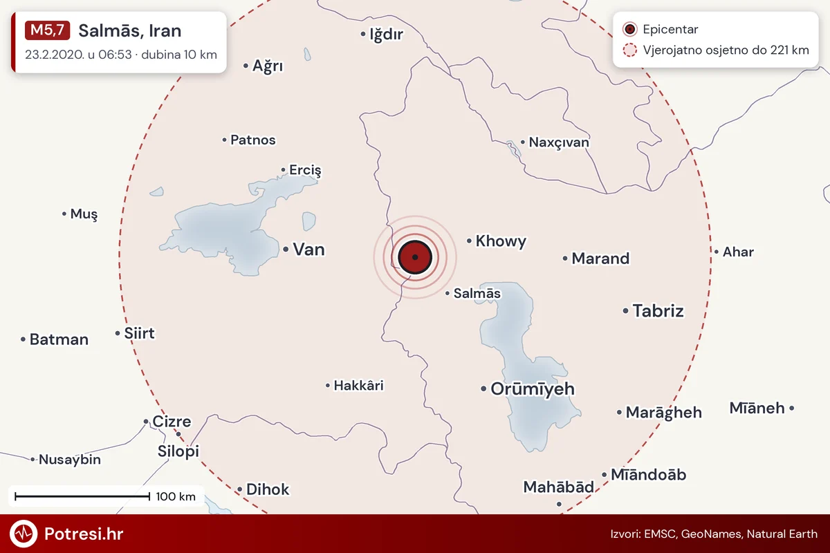 Karta: šire područje i vjerojatni doseg osjeta, potres M5,7, Salmās, Iran, 23.2.2020.