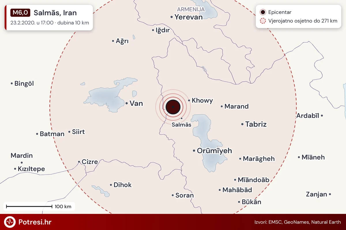 Karta: šire područje i vjerojatni doseg osjeta, potres M6,0, Salmās, Iran, 23.2.2020.