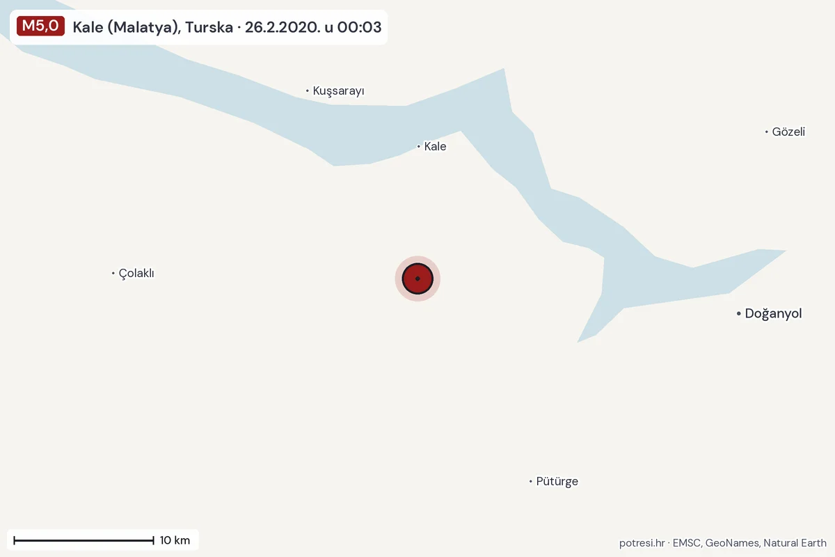 Karta: okolica epicentra, 60 km, potres M5,0, Kale (Malatya), Turska, 26.2.2020.