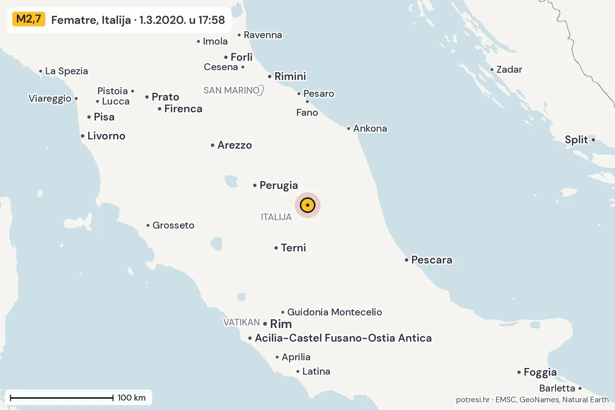 Karta: šire područje, 600 km, potres M2,7, Fematre, Italija, 1.3.2020.