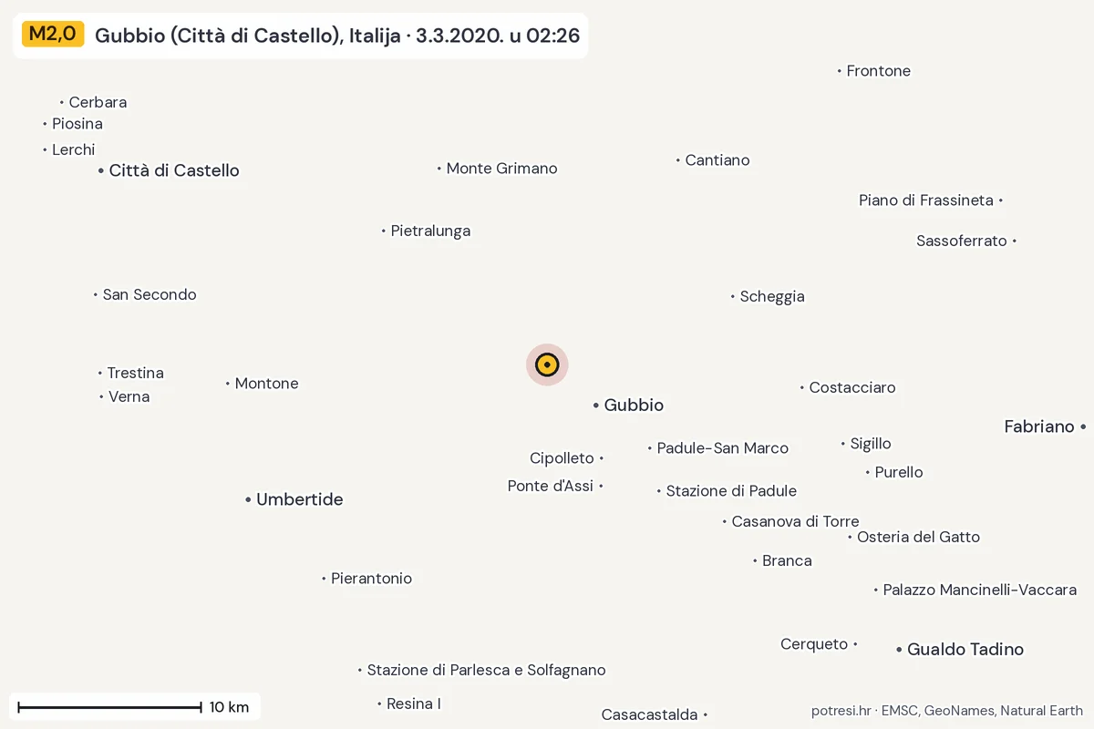 Karta: okolica epicentra, 60 km, potres M2,0, Gubbio (Città di Castello), Italija, 3.3.2020.
