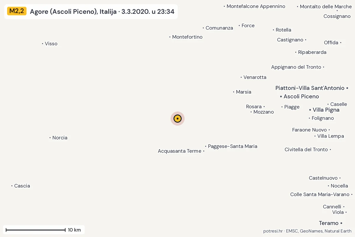Karta: okolica epicentra, 60 km, potres M2,2, Agore (Ascoli Piceno), Italija, 3.3.2020.
