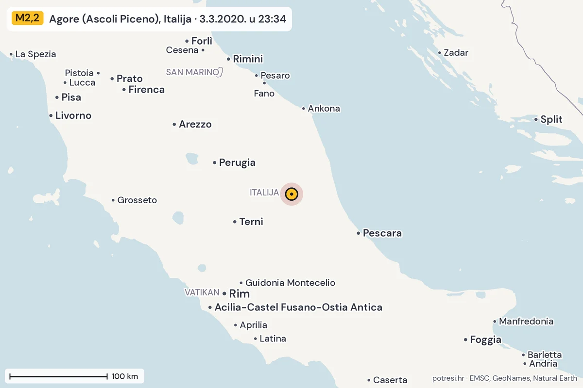 Karta: šire područje, 600 km, potres M2,2, Agore (Ascoli Piceno), Italija, 3.3.2020.