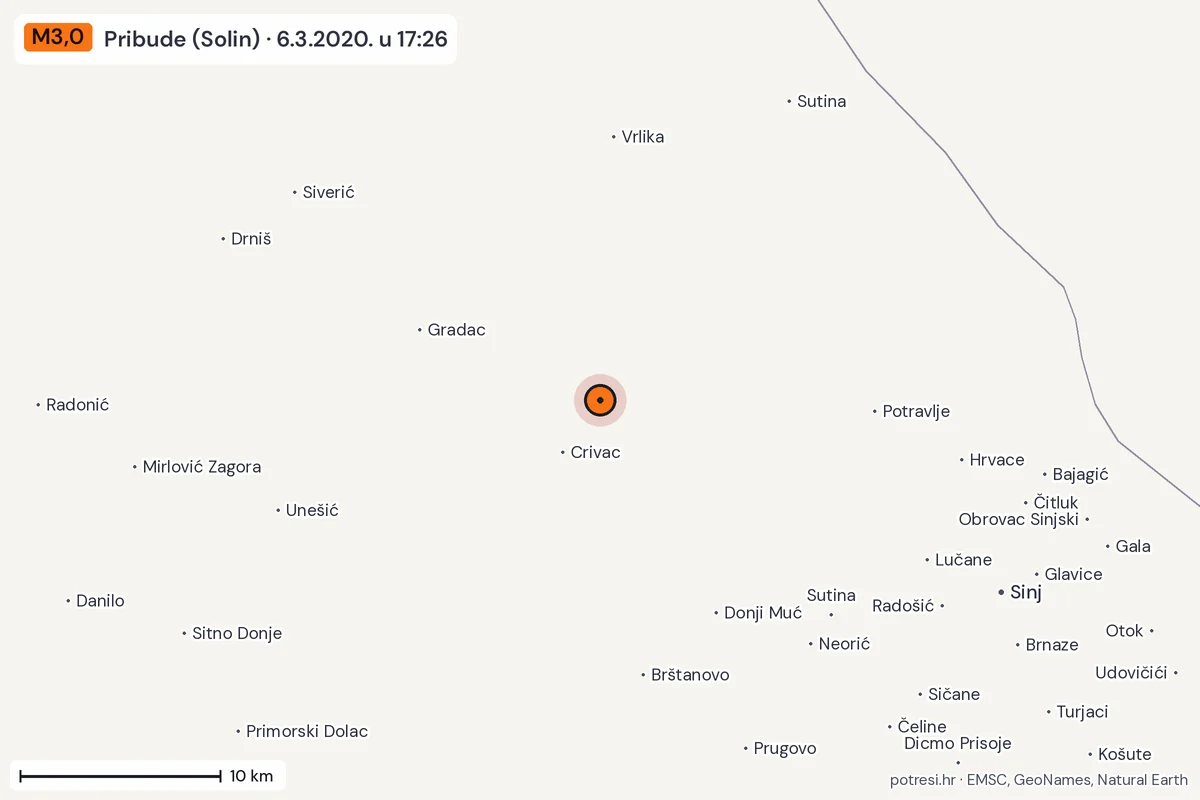Karta: okolica epicentra, 60 km, potres M3,0, Pribude (Solin), 6.3.2020.