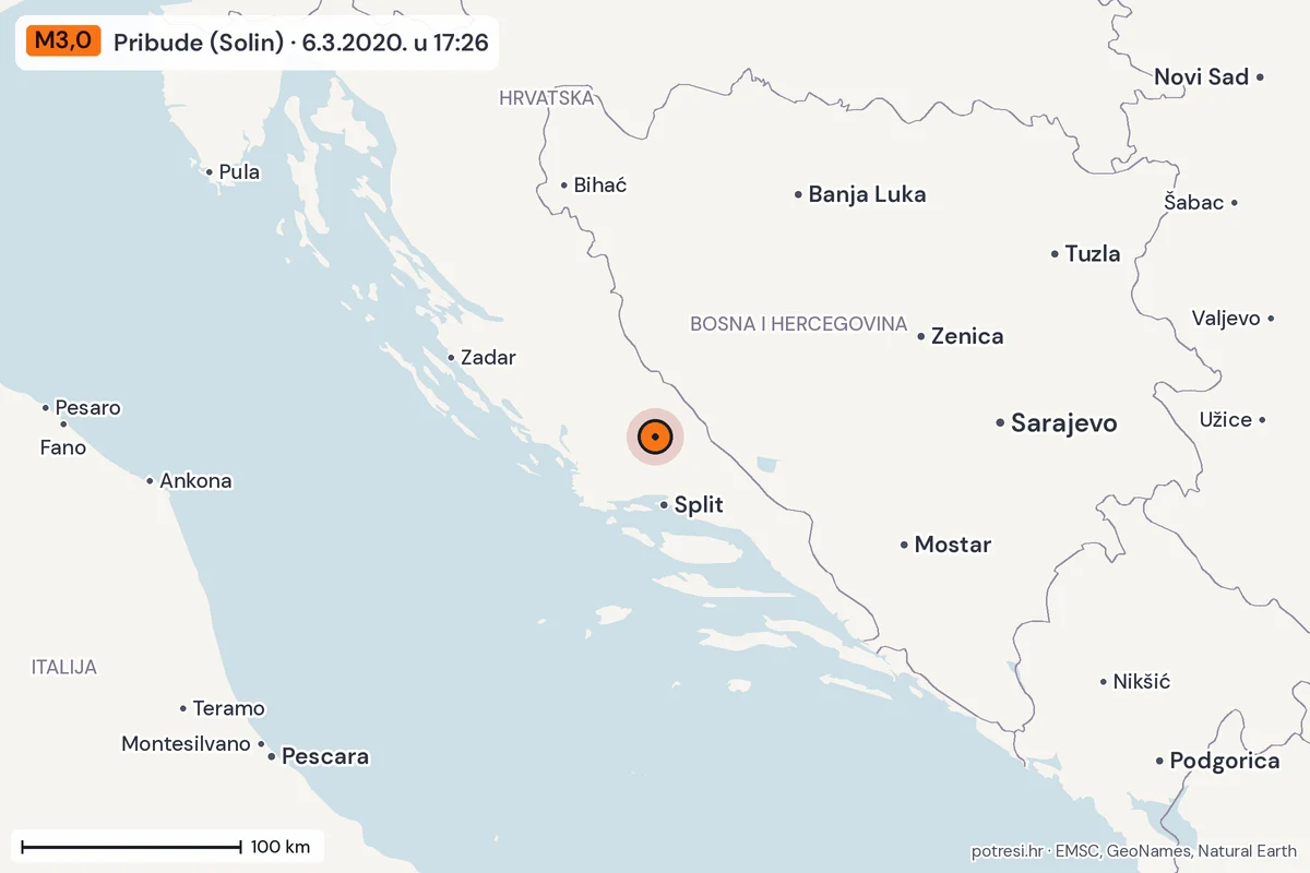 Karta: šire područje, 600 km, potres M3,0, Pribude (Solin), 6.3.2020.